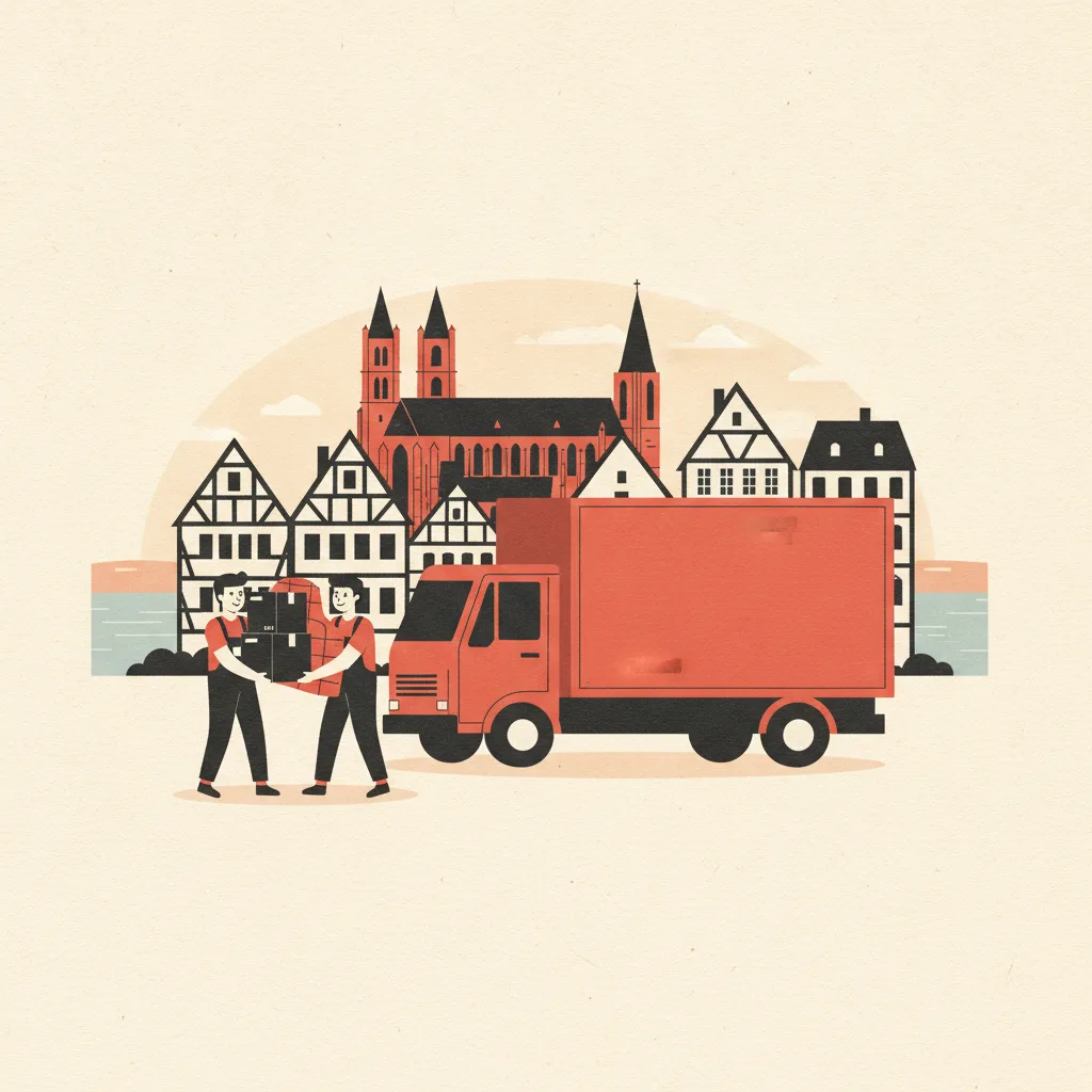 Comic-Illustration: zwei Träger laden ein gepolstertes Sofa in einen kompakten Transporter vor einem Mainzer Altstadthaus mit Fachwerk, im Hintergrund die Türme des Mainzer Doms - Möbeltaxi in Mainz