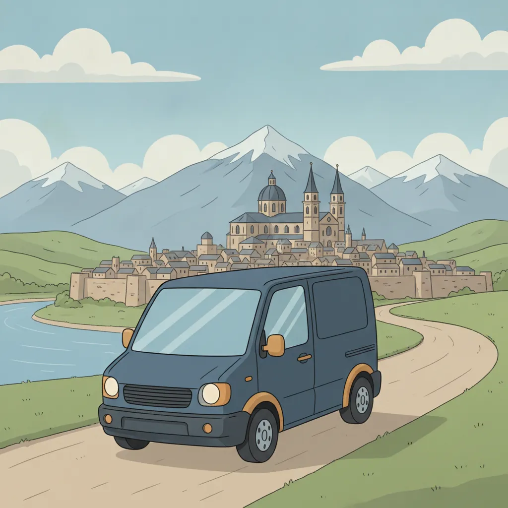 Comic-Illustration: kleiner stahlblauer Transporter fährt von Mainz am Rhein aus Richtung Schweizer Alpenpanorama - Beiladung in die Schweiz ab Mainz