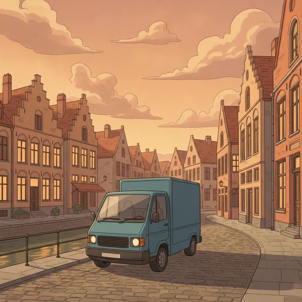 Comic-Illustration: kleiner Transporter fährt vor belgischer Altstadt mit Giebelhäusern und Kanal - Beiladung von Mainz nach Belgien