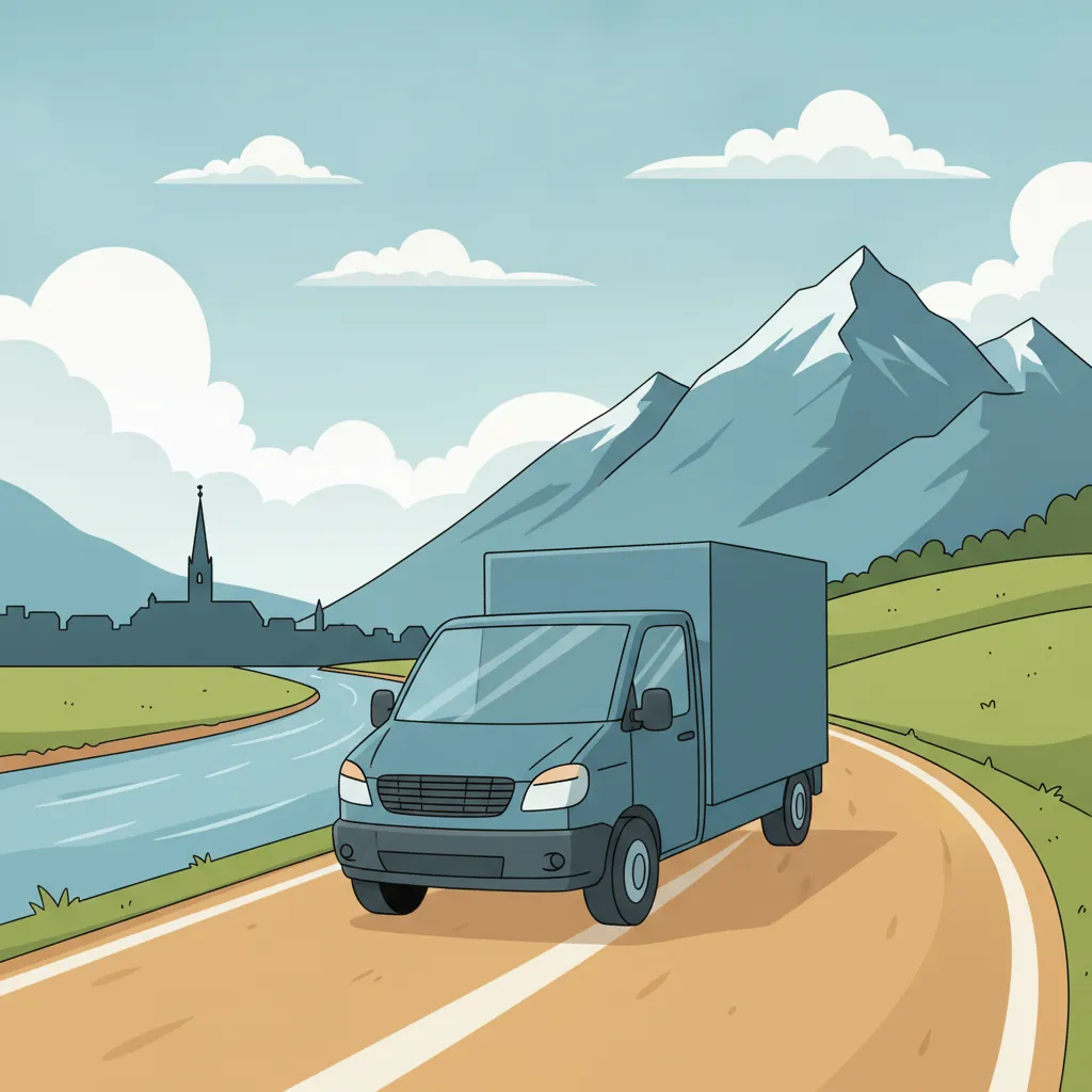 Comic-Illustration: kleiner Transporter fährt von Mainz am Rhein vor österreichischem Alpenpanorama - Beiladung nach Österreich ab Mainz