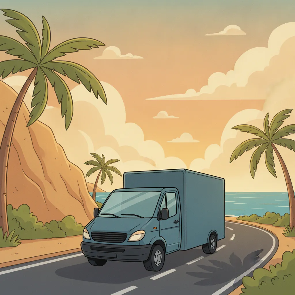 Comic-Illustration: kleiner Transporter fährt vor spanischer Mittelmeerküste mit Palmen - Beiladung von Mainz nach Spanien