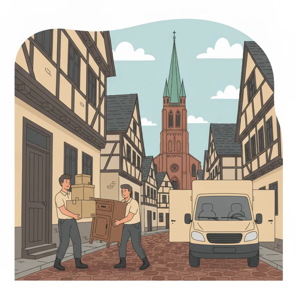 Comic-Illustration: zwei Helfer tragen Kartons und alte Möbel aus einem Altbau in einer engen Mainzer Altstadtgasse zum offenen Transporter, im Hintergrund Fachwerk und der rote Sandstein-Dom - Entrümpelung in Mainz