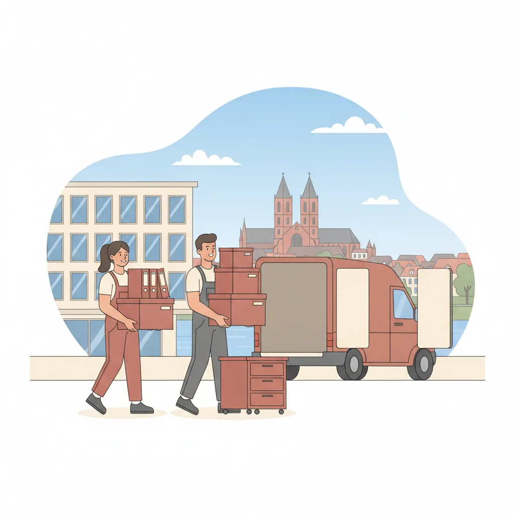Comic-Illustration: zwei Träger verladen verpackte Bürokartons, Aktenordner und einen Schreibtischcontainer in einen geschlossenen Kastenwagen vor einem Mainzer Bürohaus, im Hintergrund die Türme des Mainzer Doms über den roten Dachern der Altstadt - Firmenumzug in Mainz
