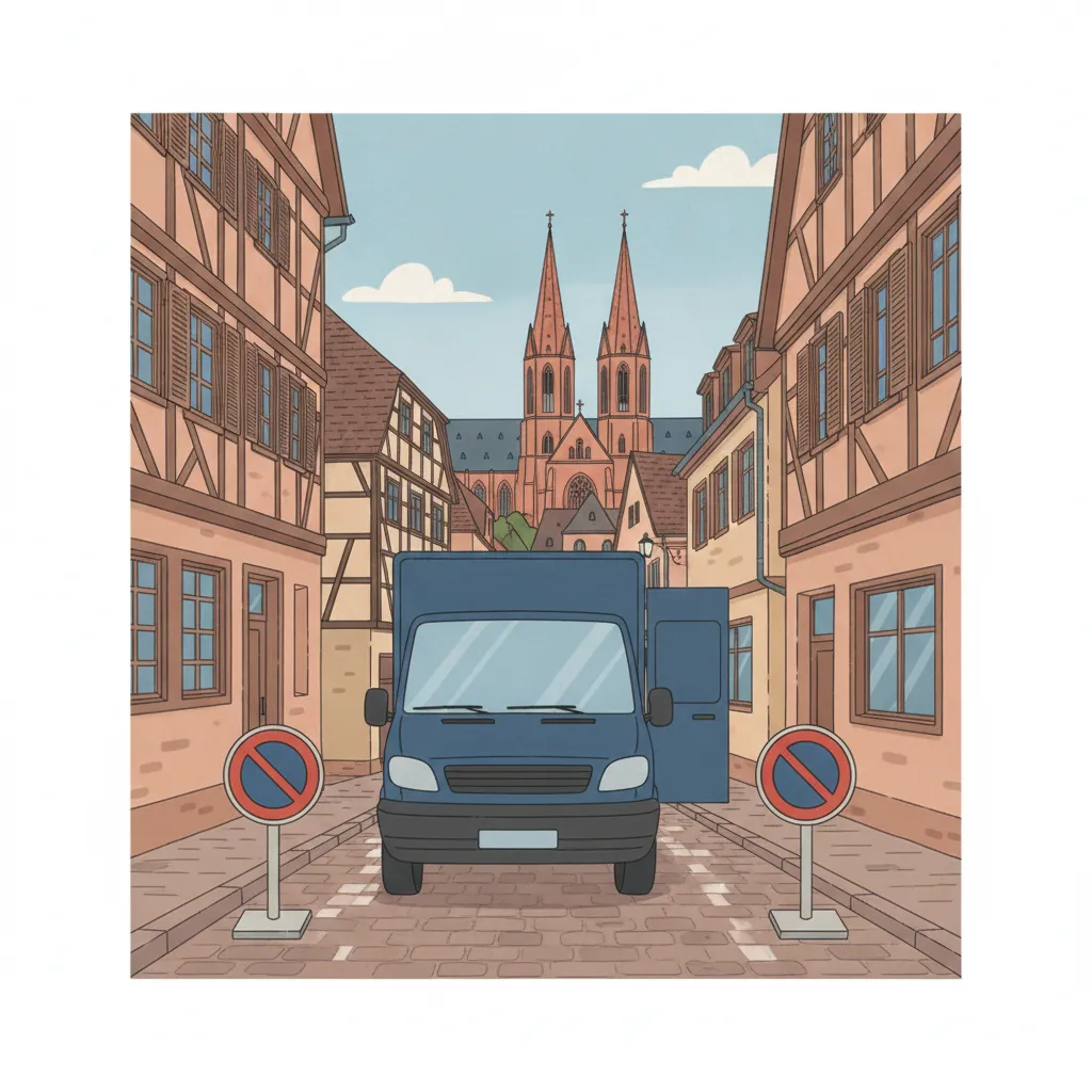 Comic-Illustration: zwei mobile Halteverbotsschilder mit freier Parklück vor einem Mainzer Altstadthaus mit Fachwerk, im Hintergrund die Türme des Mainzer Doms, ein Transporter fährt heran - mobiles Halteverbot für den Umzug in Mainz
