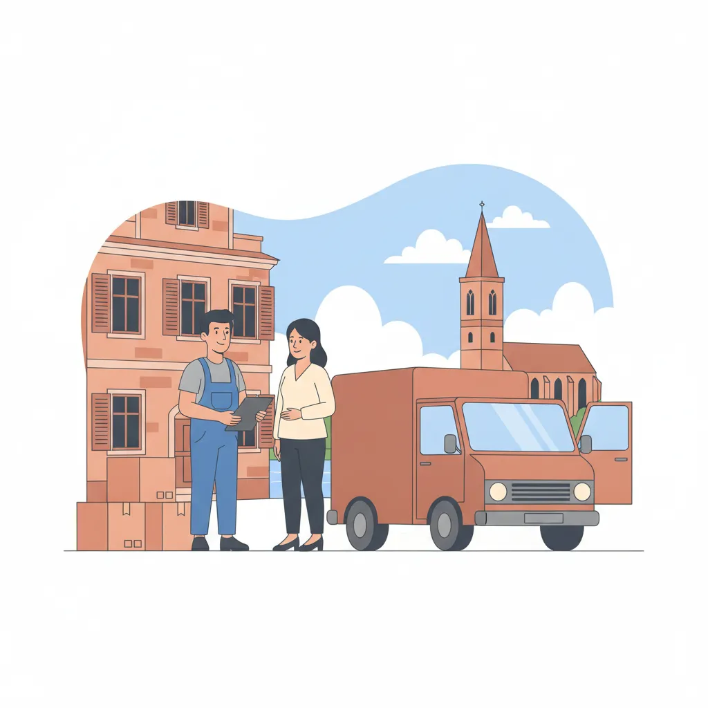 Comic-Illustration: ein Umzugsträger reicht einer Frau vor einem Mainzer Sandstein-Mehrfamilienhaus ein Klemmbrett mit einem schriftlichen Kostenvoranschlag, daneben gepolsterte Umzugskartons und ein geschlossener Kastenwagen - Jobcenter Umzug Mainz mit prüffähigem Angebot