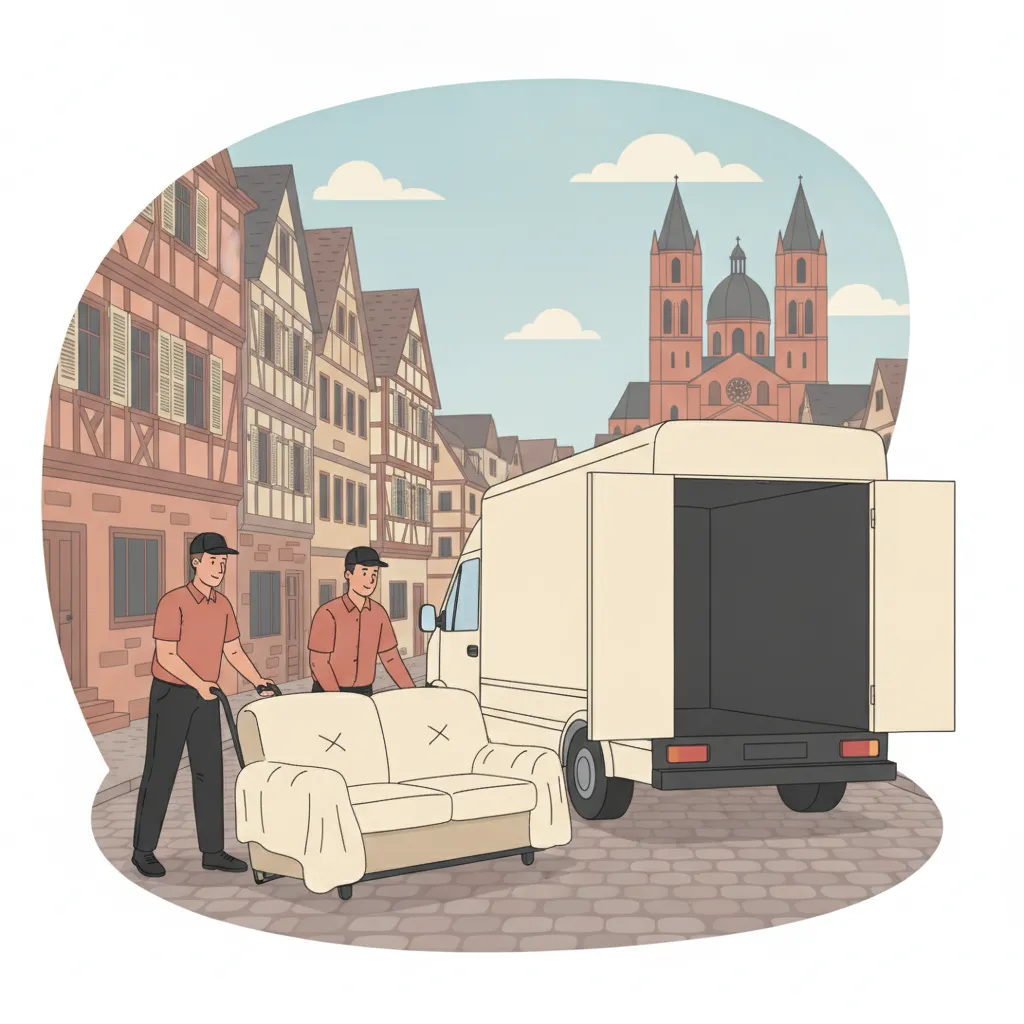Comic-Illustration: zwei Träger schieben ein in Decken gepacktes Sofa auf einer Sackkarre zum Kastenwagen vor einem Mainzer Altstadthaus mit Fachwerk und Sandsteinfassade, im Hintergrund die Türme des Mainzer Doms - Kleintransport in Mainz