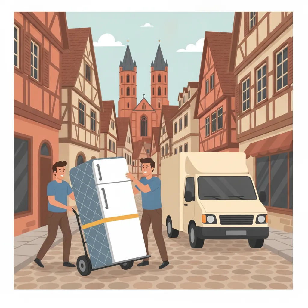 Comic-Illustration: zwei Träger bewegen einen stehend gesicherten Kühlschrank auf einer Sackkarre zum Transporter durch eine enge Mainzer Altstadtgasse mit Fachwerk und dem Dom im Hintergrund – Kühlschrank Transport in Mainz