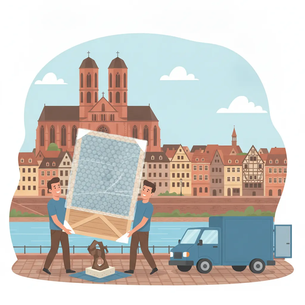 Comic-Illustration: zwei Träger tragen ein in Luftpolster und Holzkiste verpacktes gerahmtes Gemälde aufrecht zu einem geschlossenen Transporter vor der Mainzer Altstadt mit Dom und Rheinufer - Kunsttransport in Mainz