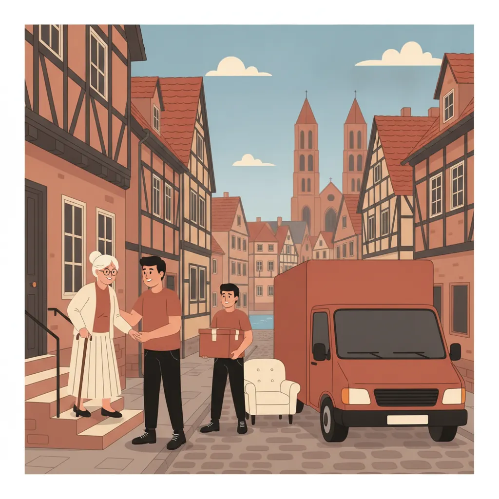 Comic-Illustration: ein freundlicher Umzugshelfer hilft behutsam einer lächelnden älteren Dame mit Gehstock, während ein Karton und ein Sessel zu einem geschlossenen Transporter vor einem Mainzer Altstadthaus mit Sandstein-Fassade getragen werden - Seniorenumzug in Mainz