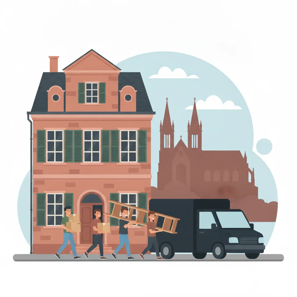 Comic-Illustration: drei junge Umzugshelfer tragen Umzugskartons und ein Bücherregal aus einem Mainzer Altbau zu einem Transporter, im Hintergrund der Mainzer Dom und Sandsteinfassaden - studentische Umzugshelfer in Mainz