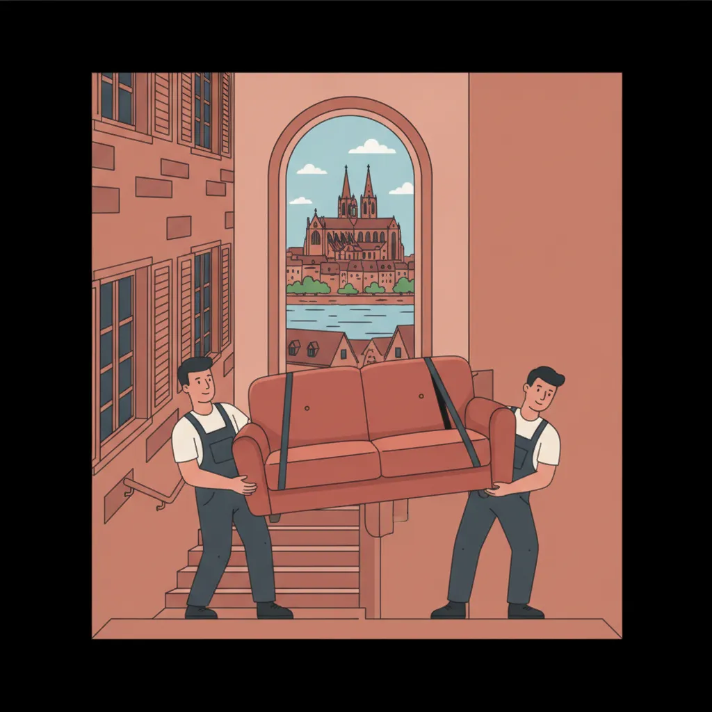 Comic-Illustration: zwei Tragehelfer in Arbeitskleidung tragen mit Tragegurten gemeinsam ein schweres Sofa eine enge Treppe in einem Mainzer Sandstein-Altbau hinunter, im Hintergrund der Mainzer Dom und der Rhein - Tragehilfe in Mainz