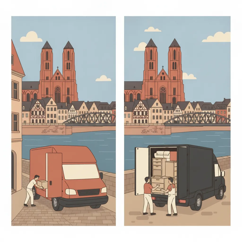Comic-Illustration: ein selbst gemieteter Kastenwagen und daneben ein betreuter Beiladungs-Transporter mit Möbeln auf gemeinsamer Tour vor der Mainzer Altstadt mit Dom und Rheinufer - Transporter mieten oder betreuter Transport in Mainz