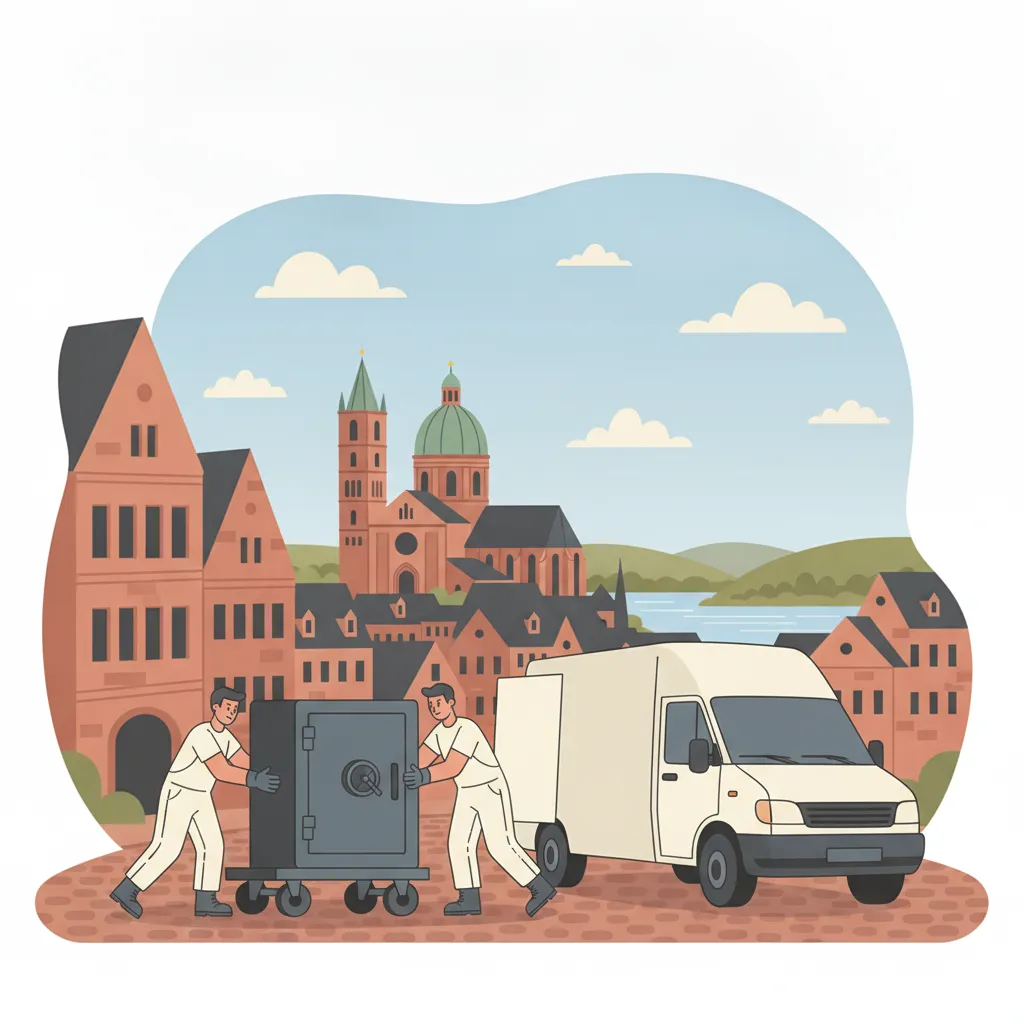 Comic-Illustration: zwei Träger bewegen einen schweren Tresor auf einem Schwerlast-Rollwagen zum Transporter vor der Mainzer Altstadt mit Dom und Rhein - Tresortransport in Mainz