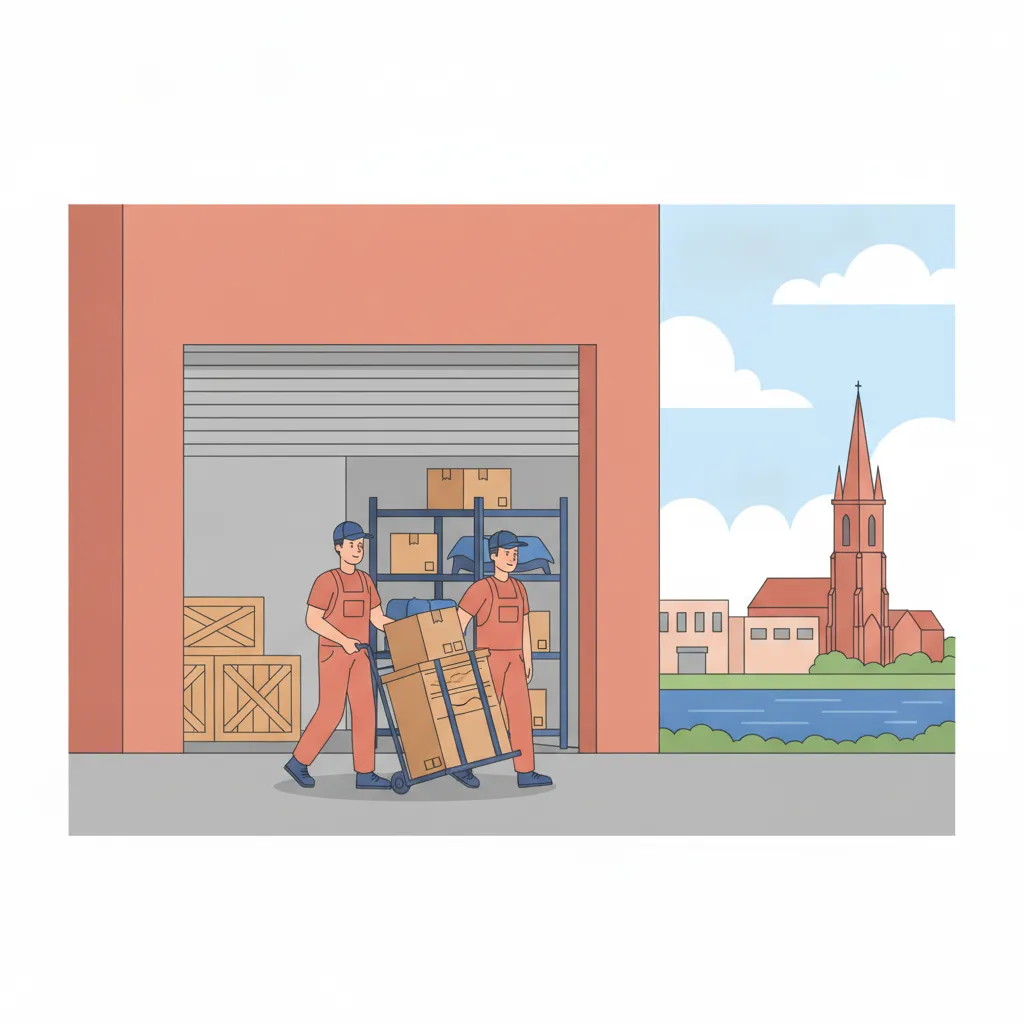 Comic-Illustration: zwei Träger schieben gepolsterte Umzugskartons und eine eingewickelte Kommode auf einer Sackkarre in eine trockene Lagerbox mit Regalen und Holzcontainern in einem Mainzer Gewerbegebiet, im Hintergrund eine schlichte Lagerhalle und ein Sandsteinturm am Rhein - Umzug mit Lagerung in Mainz