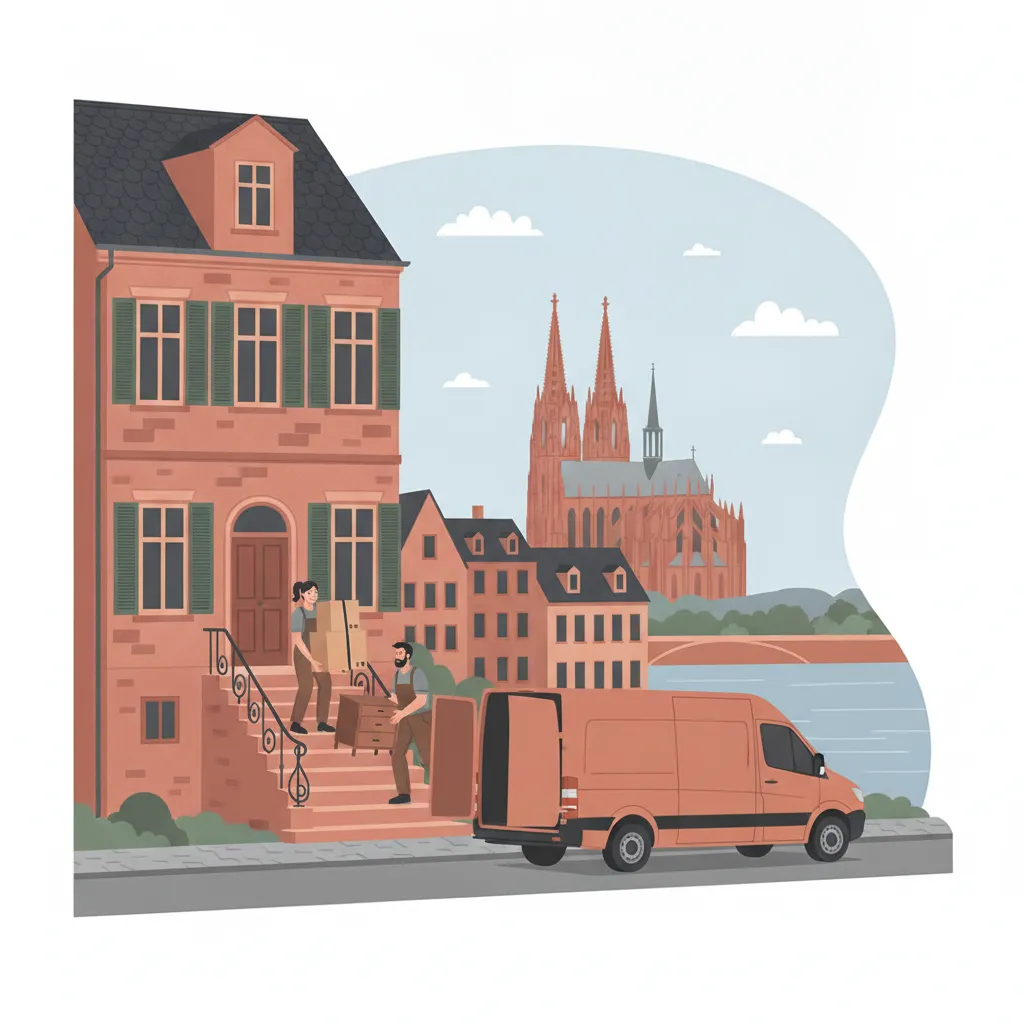 Comic-Illustration: zwei Umzugshelfer in Arbeitskleidung tragen gemeinsam einen Karton und eine Kommode aus einem Mainzer Sandstein-Altbau die Treppe hinab zum Transporter, im Hintergrund der Mainzer Dom und der Rhein - Umzugshelfer in Mainz