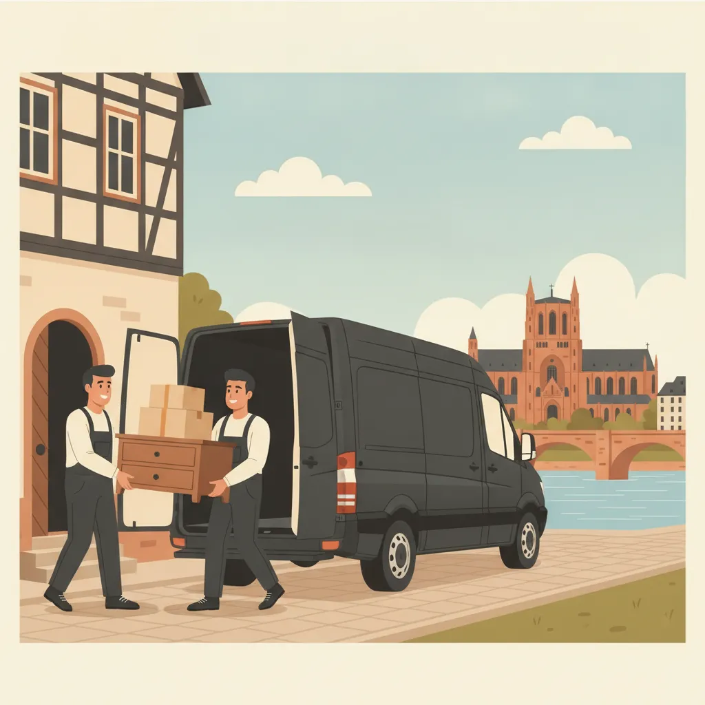 Comic-Illustration: zwei Umzugshelfer in Arbeitskleidung tragen eine Kommode und Kartons aus einem Mainzer Altstadt-Haus und beladen einen mittleren Kastenwagen am Straßenrand, im Hintergrund der rote Sandstein-Dom und der Rhein - Umzugshelfer mit Transporter in Mainz
