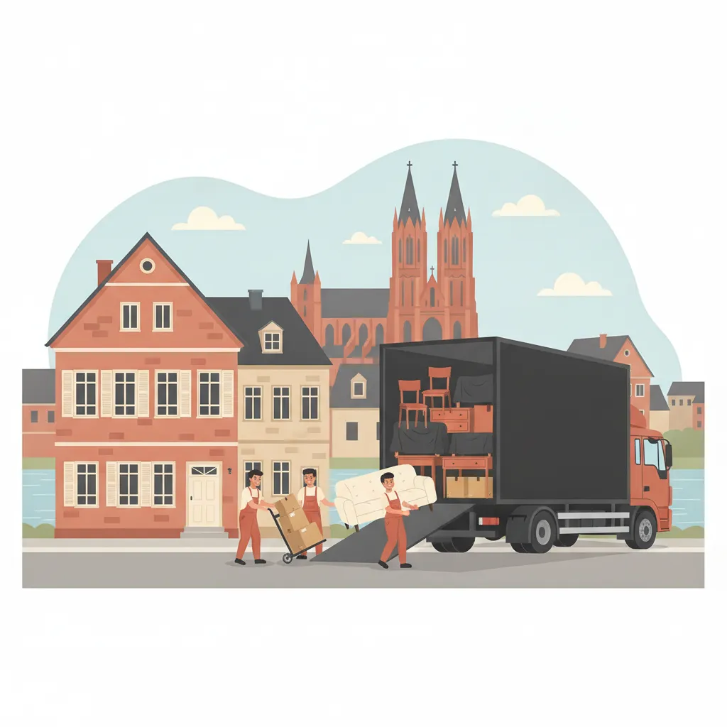 Comic-Illustration: ein Helferteam belädt einen großen geschlossenen Umzugs-LKW mit Möbeln und Kartons vor einem Mainzer Sandstein-Altbau, im Hintergrund der Mainzer Dom und der Rhein - Umzugshilfe in Mainz mit LKW