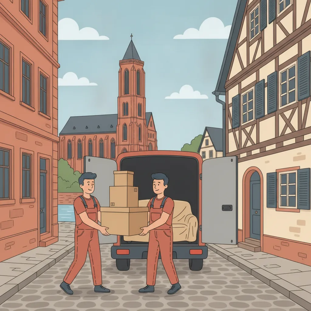 Comic-Illustration: zwei Träger verladen gepolsterte Umzugskartons und ein Sofa in einen geschlossenen Kastenwagen vor einem Mainzer Sandstein-Altbau in der engen Altstadt, im Hintergrund Fachwerk und ein Kirchturm am Rhein - Umzugsunternehmen in Mainz
