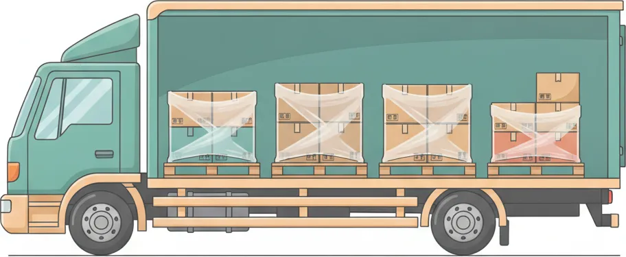 So funktioniert eine Beiladung von Mainz nach Berlin Comic-Illustration: Transporter mit mehreren stretchfolierten Paletten in unterschiedlichen Farben – jede Palette steht für einen Kunden – auf der Strecke Mainz–Berlin