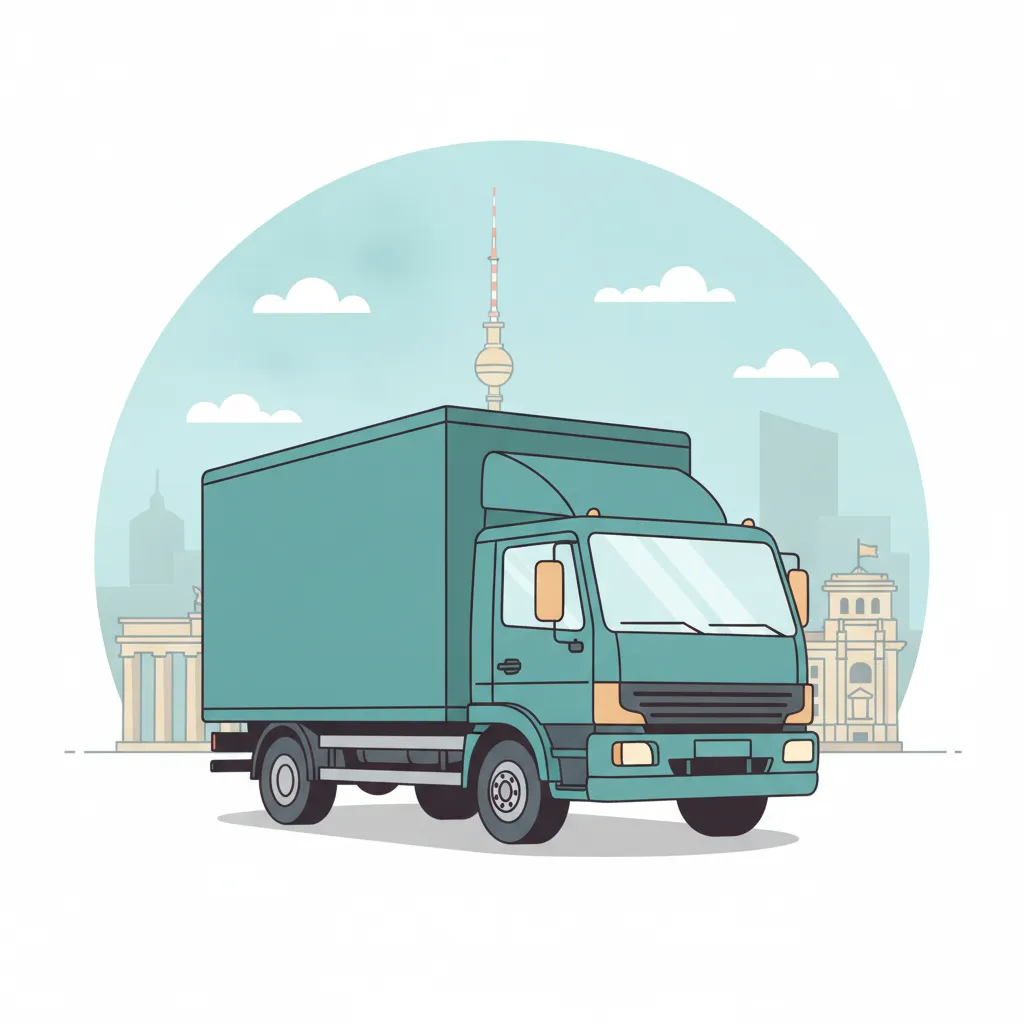 Comic-Illustration: geschlossener Umzugstransporter erreicht Berlin – Beiladung von Mainz nach Berlin