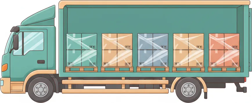 So funktioniert eine Beiladung von Mainz nach Frankfurt Comic-Illustration: Transporter mit mehreren stretchfolierten Paletten in unterschiedlichen Farben – jede Palette steht für einen Kunden – auf der Strecke Mainz–Frankfurt