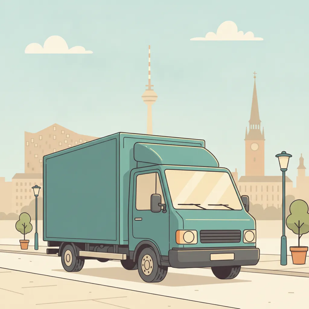 Comic-Illustration: geschlossener Umzugstransporter erreicht Hamburg – Beiladung von Mainz nach Hamburg