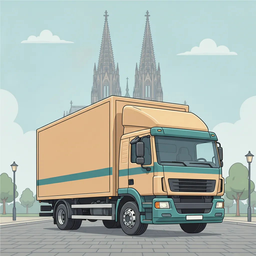 Comic-Illustration: geschlossener Umzugstransporter erreicht Köln – Beiladung von Mainz nach Köln