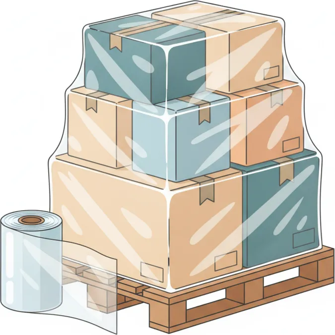 Sorgfältig verpackte Sendung für die Beiladung nach München Comic-Illustration: sicher gestapelte und mit Stretchfolie gesicherte Umzugskartons auf einer Palette für den Transport nach München