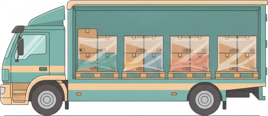 Comic-Illustration: Transporter mit mehreren stretchfolierten Paletten in unterschiedlichen Farben – jede Palette steht für einen Kunden – auf der Strecke Mainz–Neuss